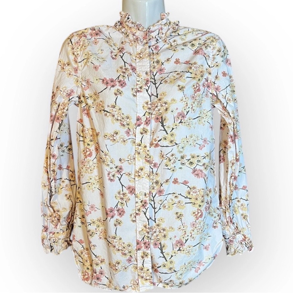 J.Crew Cherry Blossom Floral Ruffle Neck Classic Fit Button Up Shirt Pink US 00